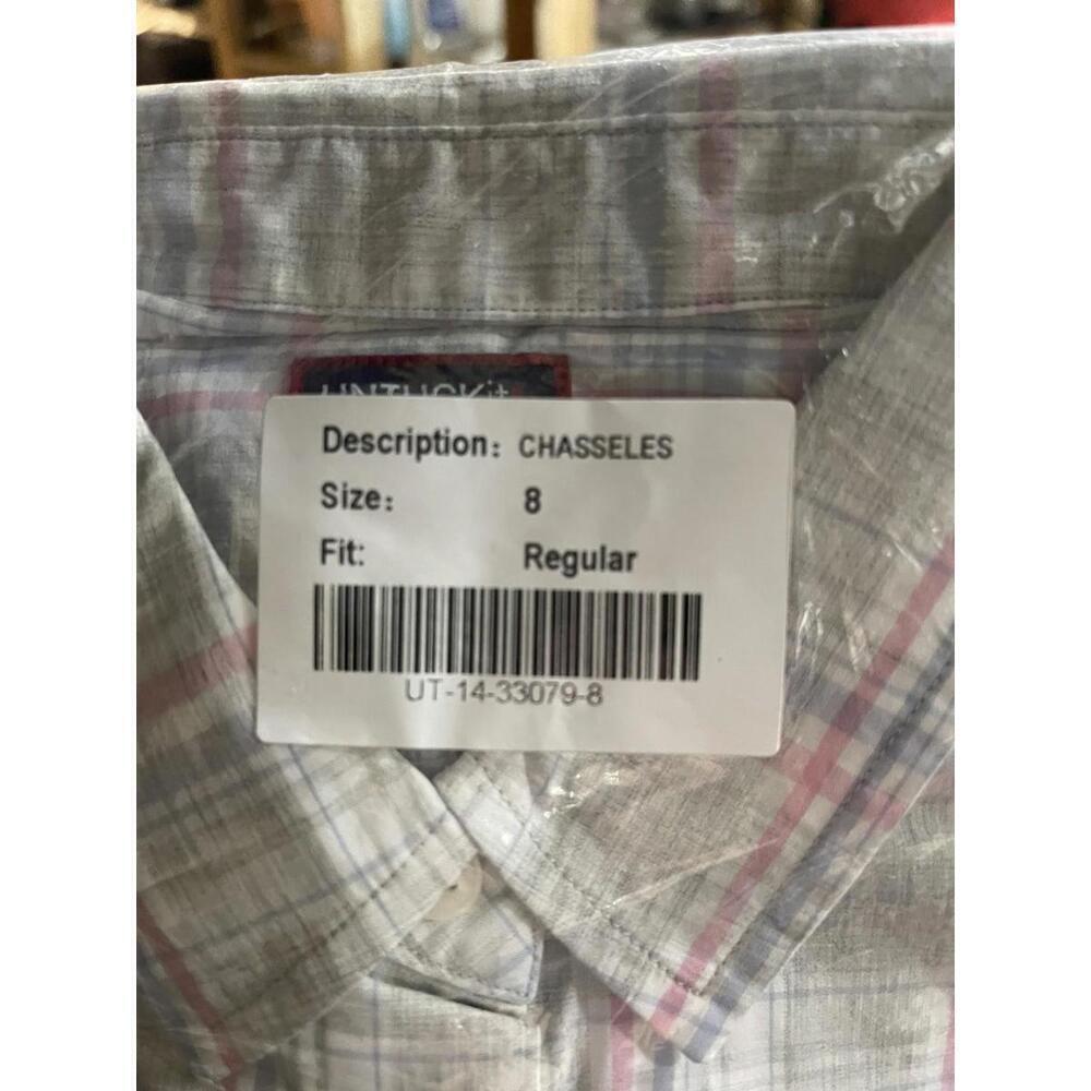 UNTUCKIT Shirt Women 8 Chasseles Gray Pink Blue Plaid Button Up Top Long Sleeve - Picture 4 of 4